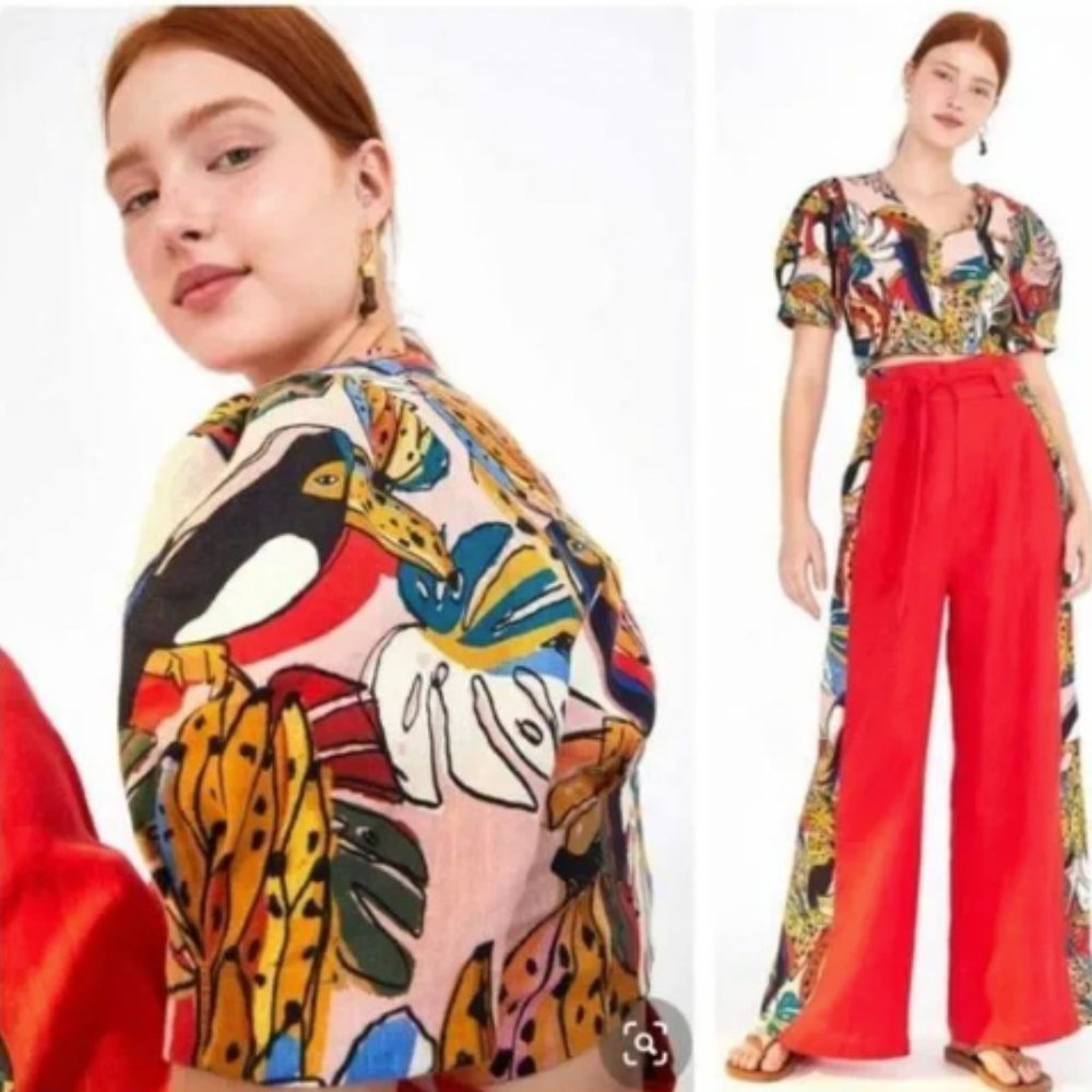 Farm Rio Linen Crop Top - Puff Sleeves, Toucans, and Bananas!